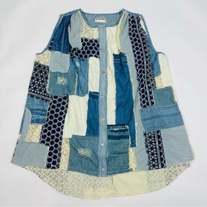We The Free Patchwork Mini Dress - Blue and Cream